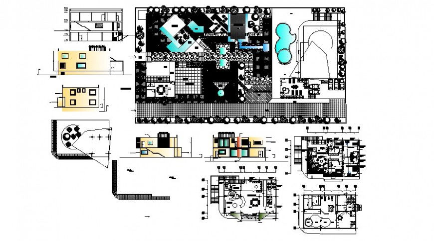 Drawings details 2d view elevation plan and a section of building autocad file