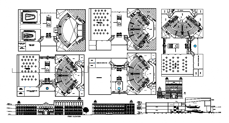 Drawings details of auditorium building plan elevation dwg file