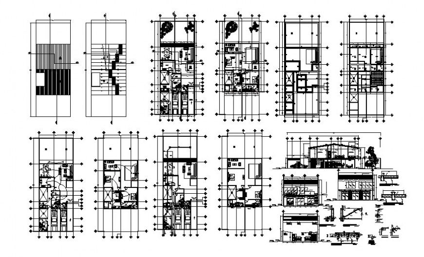 Drawings details of bungalow autocad plan elevation and section
