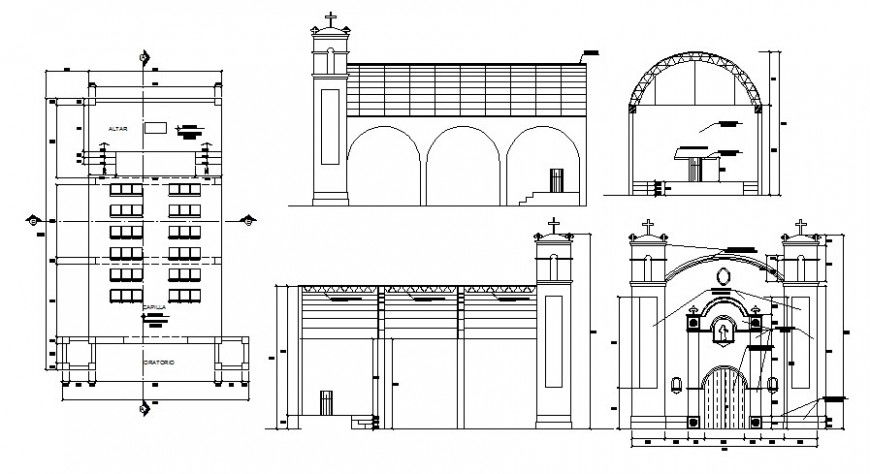 Drawings details of church building elevation and plan dwg file