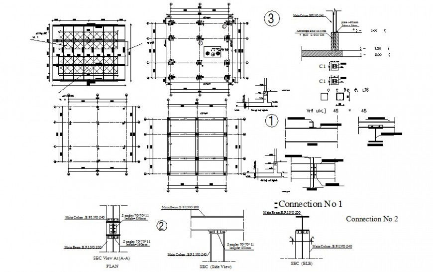 Drawings details of column and beam connection 2d view autocad file