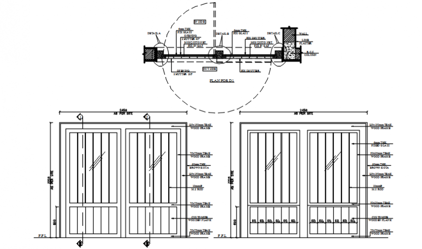 Drawings details of door blocks elevation and plan dwg file