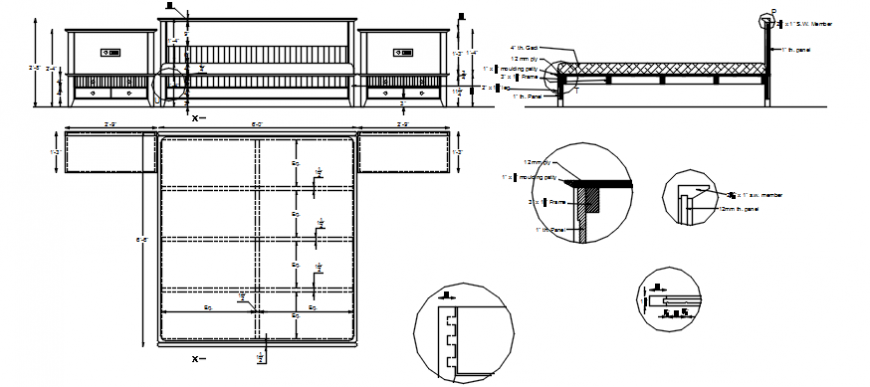 Drawings details of double bed 2d view CAD furniture blocks dwg file