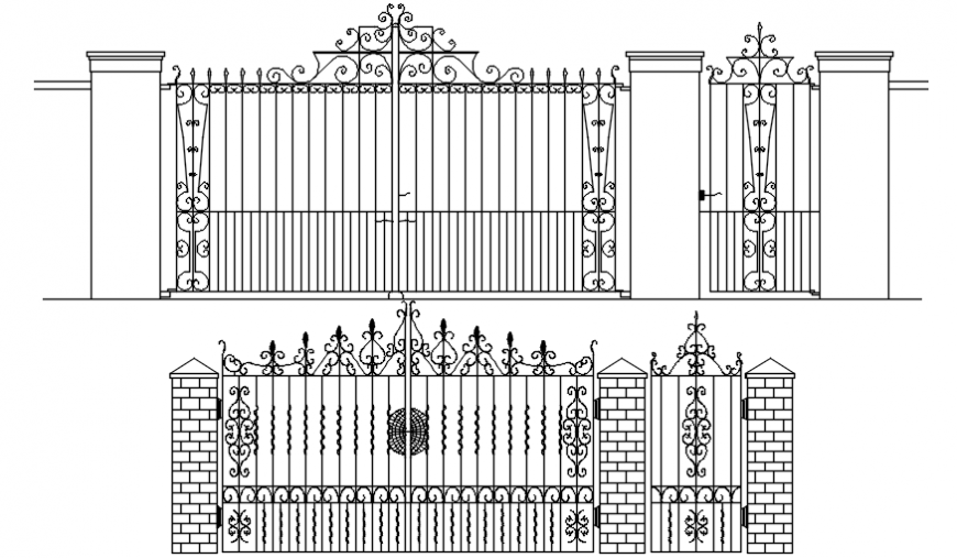 Drawings details of entrance gate design 2d view autocad software file