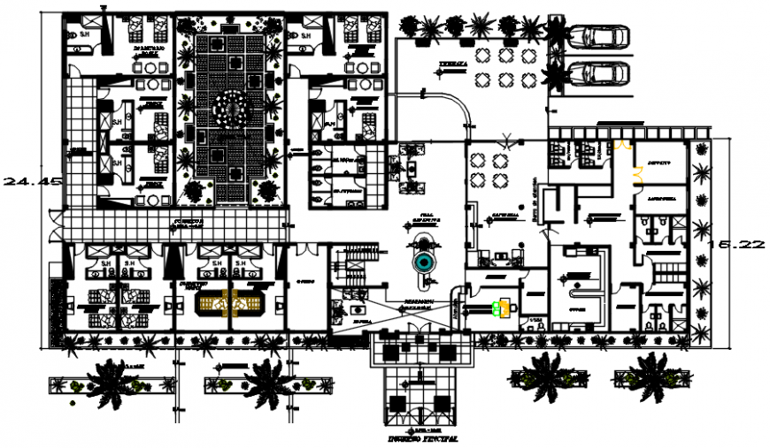 Drawings details of hotel building floor plan in autocad software file