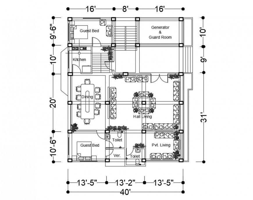Drawings details of housing bungalow 2d view plan dwg file