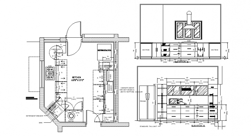 Drawings details of kitchen layout plan elevation dwg autocad file