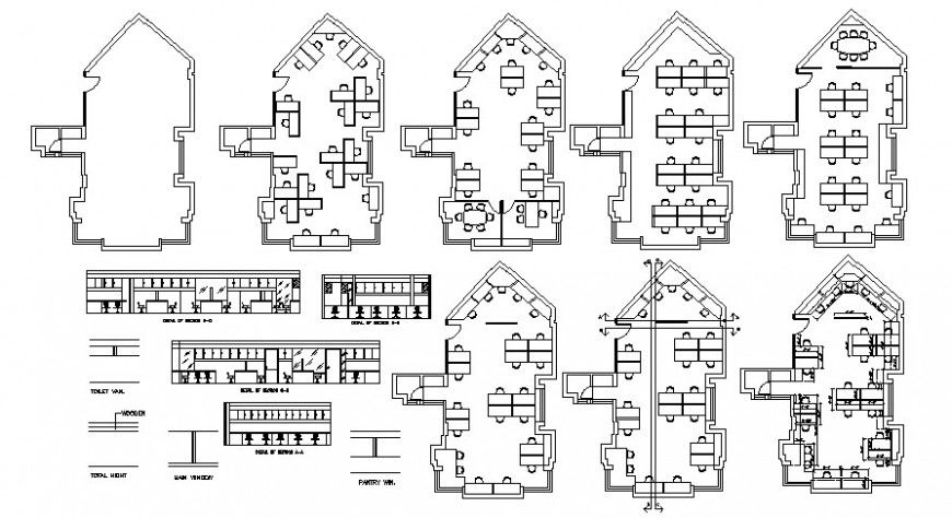 Drawings details of office building plan and section dwg autocad file