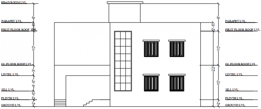 Drawings elevation 2d view of housing units autocad software file