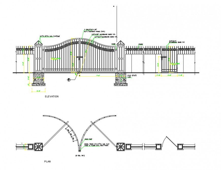 Drawings elevation and plan of entrance gate blocks dwg file