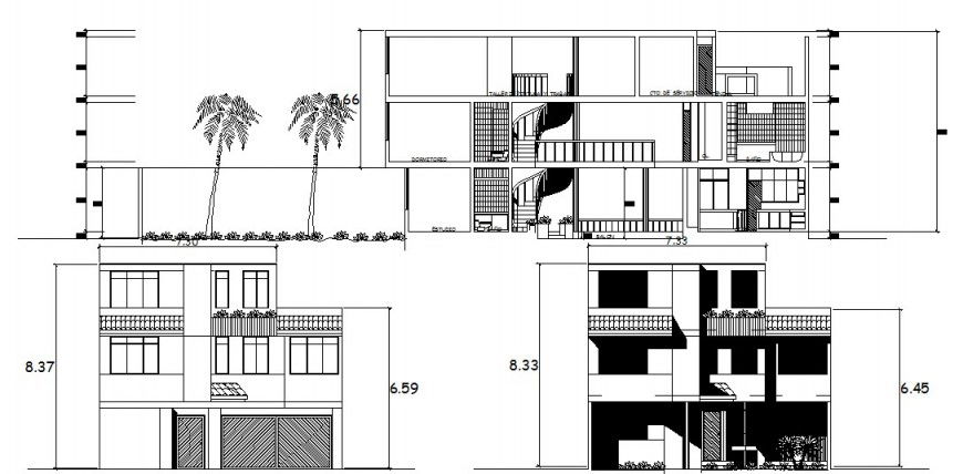 Drawings elevation and section of two stories apartment dwg file
