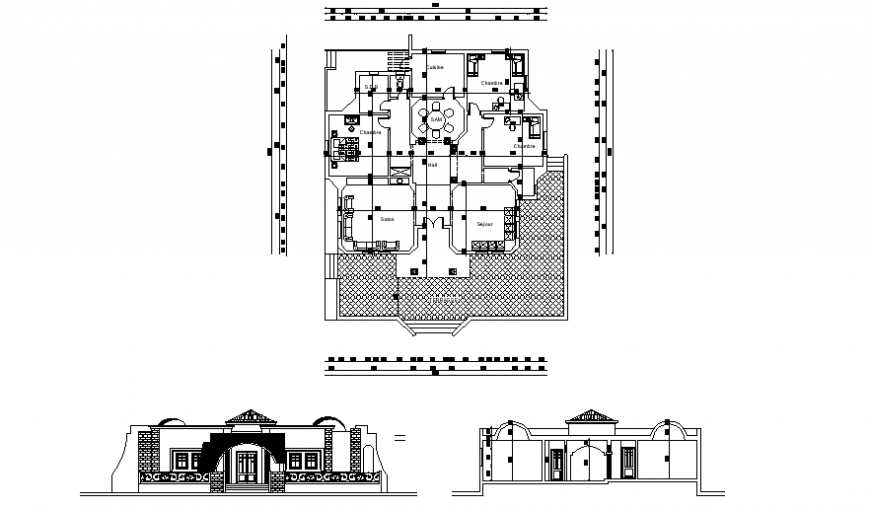 Drawings elevation plan and section of housing units dwg file