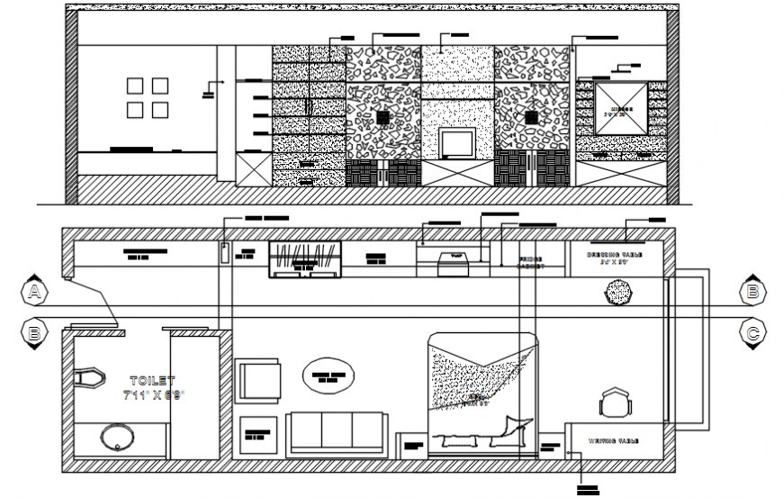 Drawings of bedroom 2d view plan and elevation autocad software file