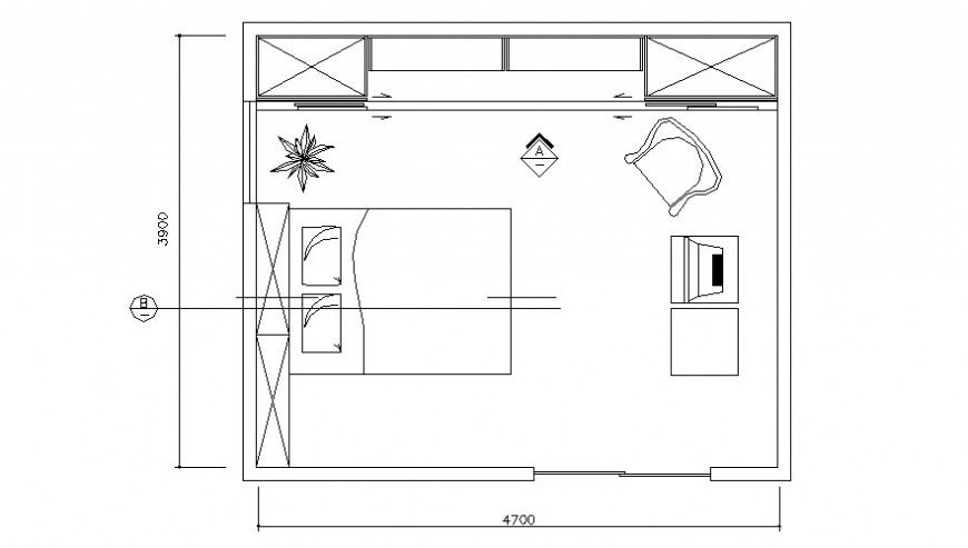 Drawings of bedroom interior floor plan in autocad software