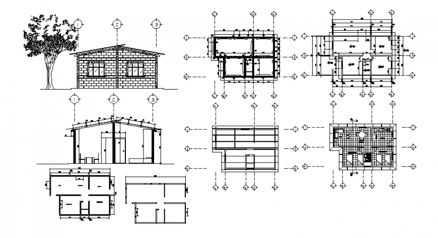 Drawings of house single story plan elevation and section autocad file
