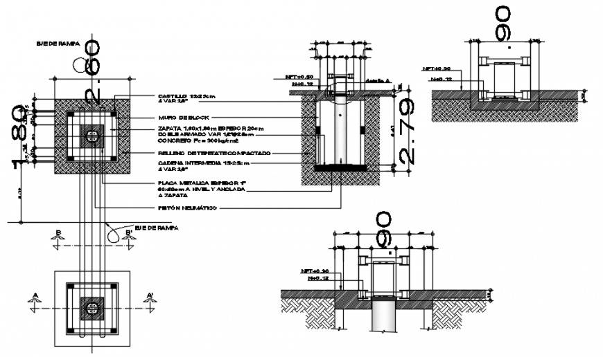Drawings of pumping piston blocks plan and section dwg file