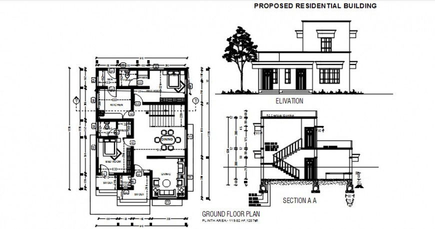 Drawings of the house elevation plan and a section detailing in autocad file