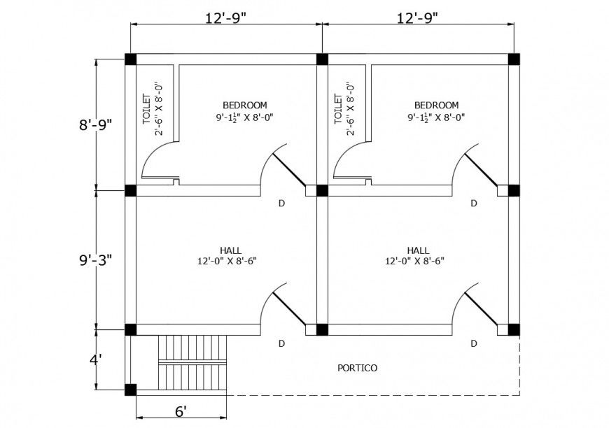 Drawings plan of housing two bhk apartment dwg file
