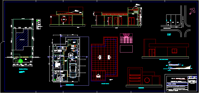 Complete residential AutoCAD drawing showing floor plan and elevations