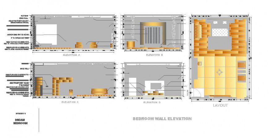 Dream bedroom wall elevation and layout plan cad drawing details dwg file