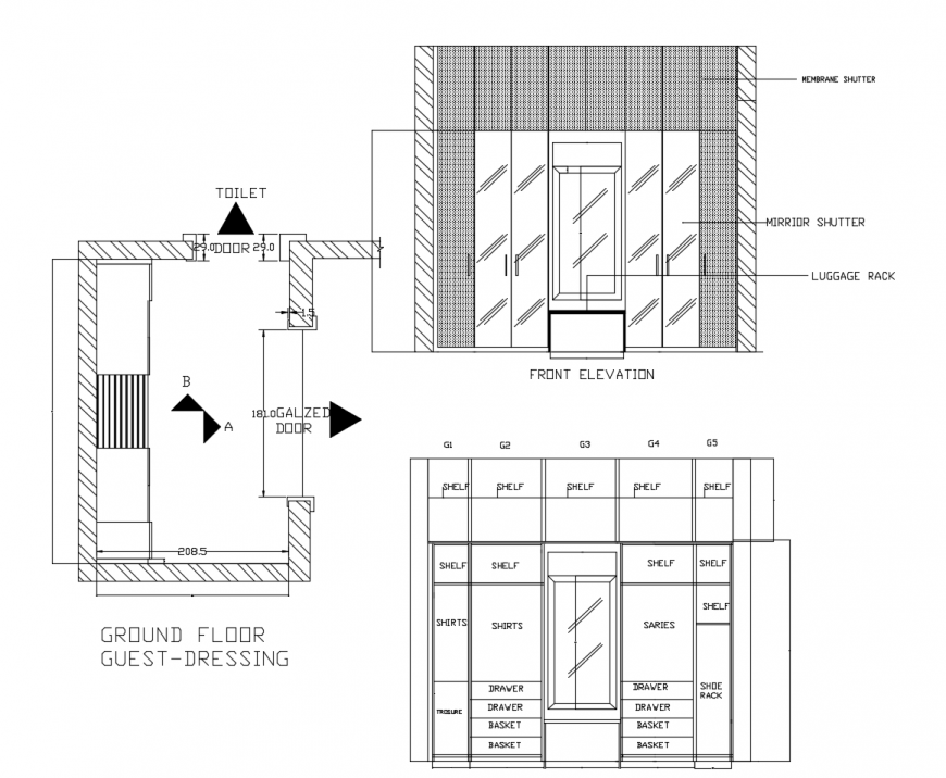 Dress wardrobe detail 2d view CAD furniture blocks autocad file