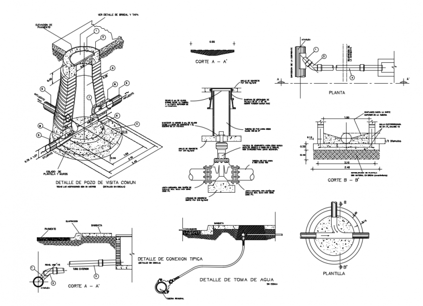 Drinkable water common visiting well typical connection plumbing details dwg file