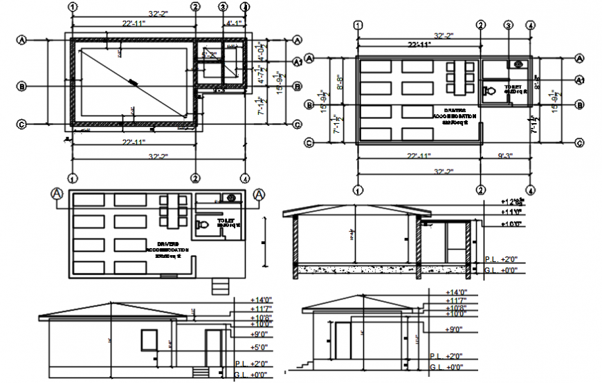 Driver house elevation, section and plan cad drawing details dwg file