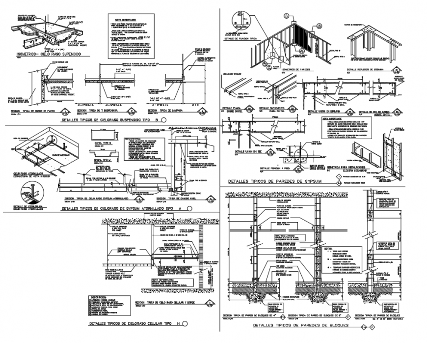 Drywall Construction Details DWG File with Ceiling and Isometric Views