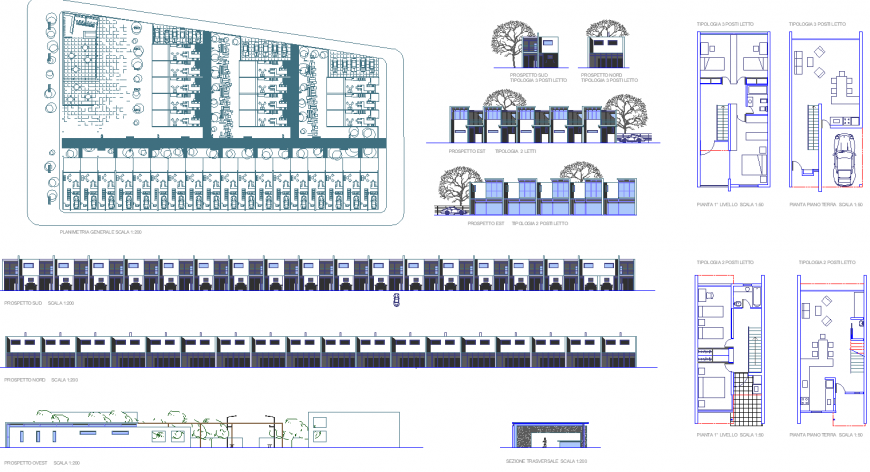 duplex group housing site plan and elevation in dwg file.