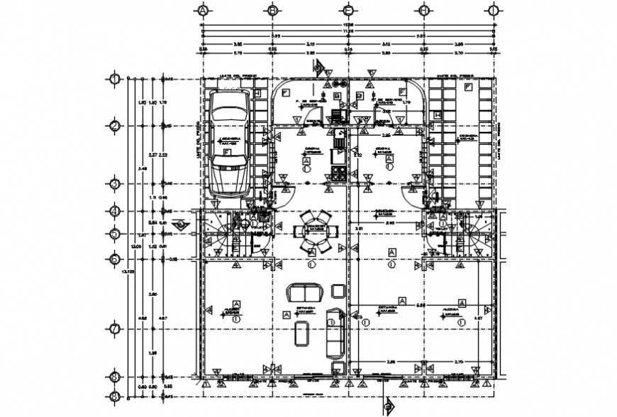 Duplex house distribution plan with furniture cad drawing details dwg file