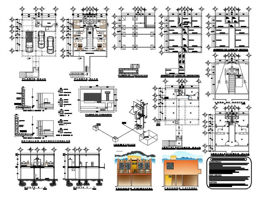 Duplex house elevation, section, plan and constructive structure details dwg file