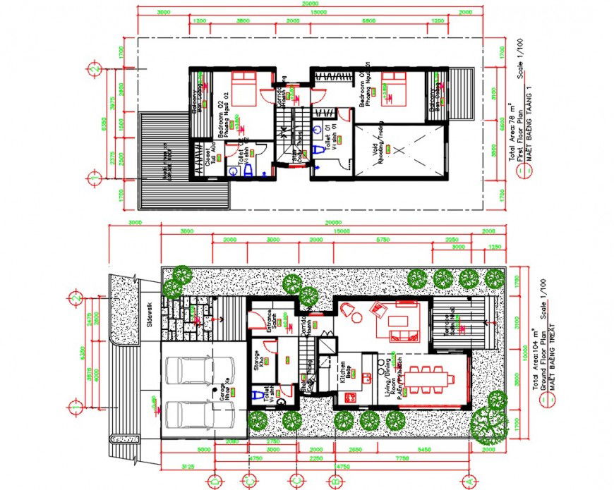 Duplex house ground and first floor distribution plan cad drawing details dwg file