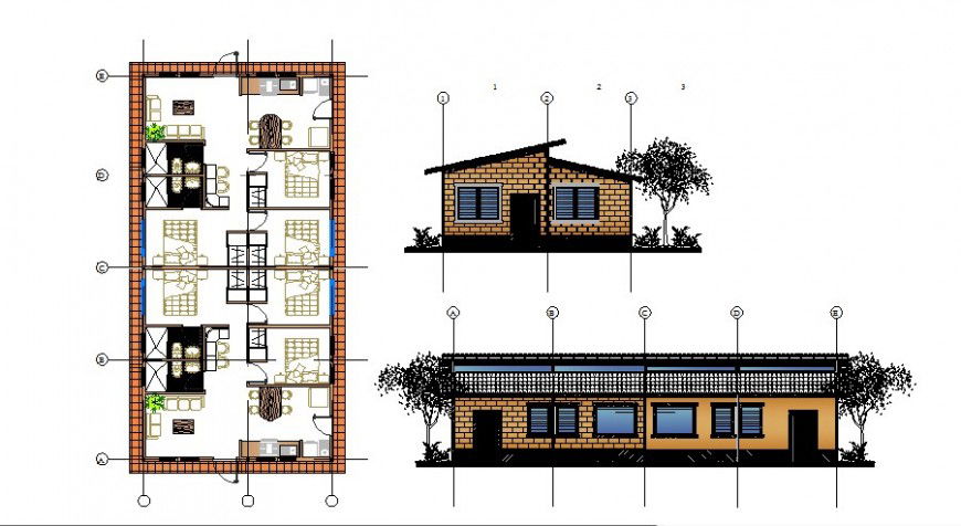 Duplex house main and back elevation and plan details dwg file
