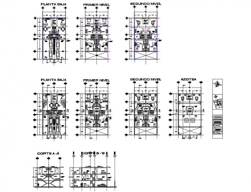 Duplex house section with ground, first and second floor plan details dwg file
