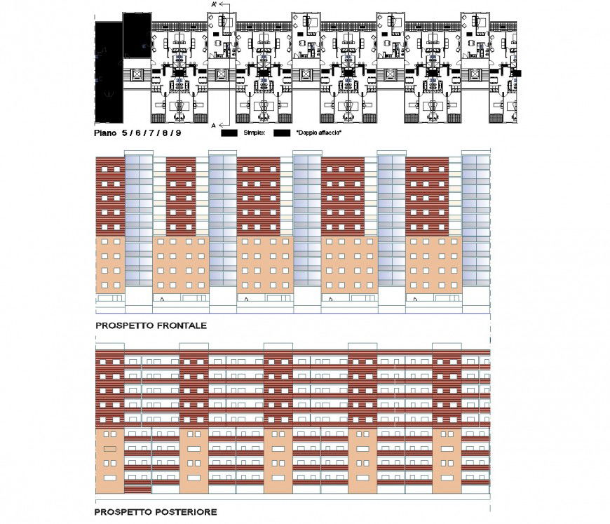 Duplex plan and elevation detail dwg file