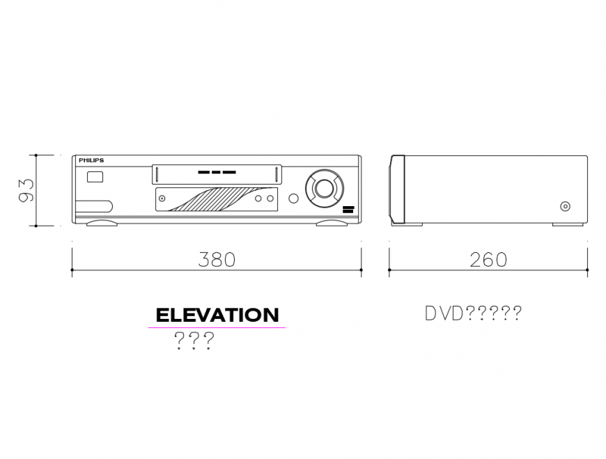 DVD video play front and side elevation cad block details dwg file
