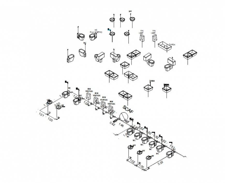 DWG file of sanitary furniture blocks and connections details