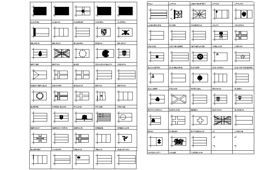 Dynamic European flags blocks cad drawing details dwg file