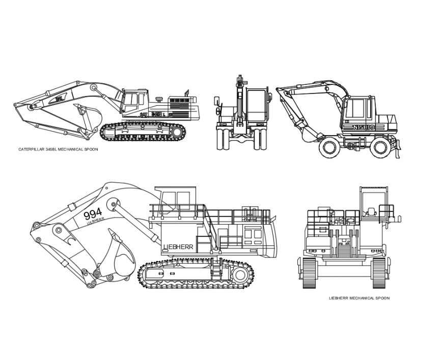 Dynamic excavators elevations cad blocks details dwg file