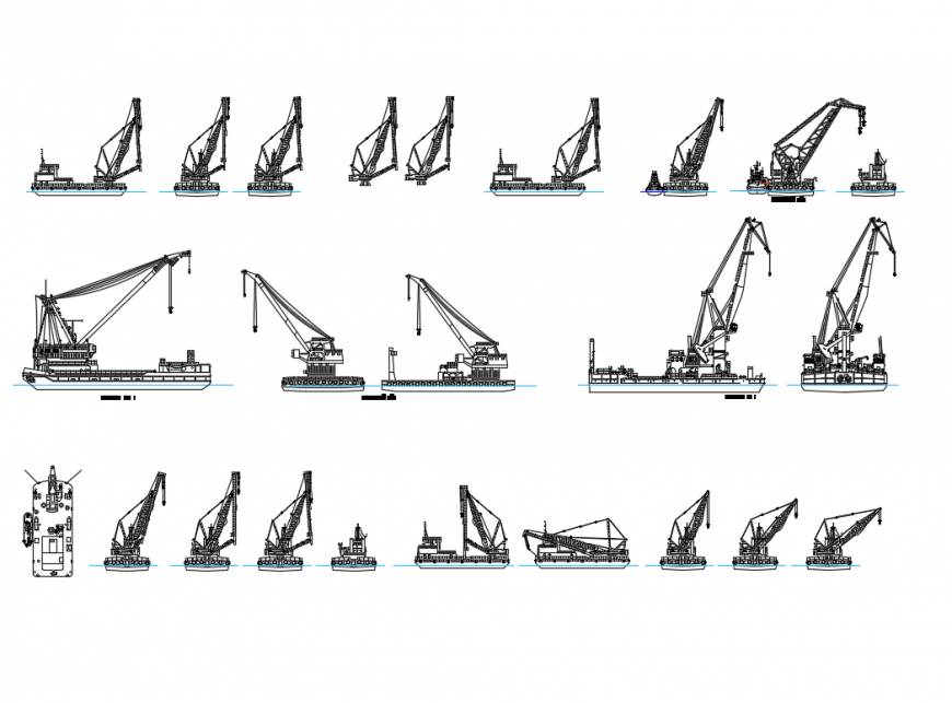 Dynamic floating ship cranes all sided view cad blocks details dwg file