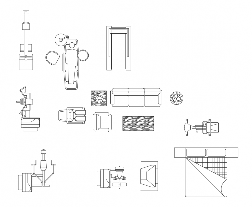 Dynamic gym equipment and furniture blocks cad drawing details dwg file
