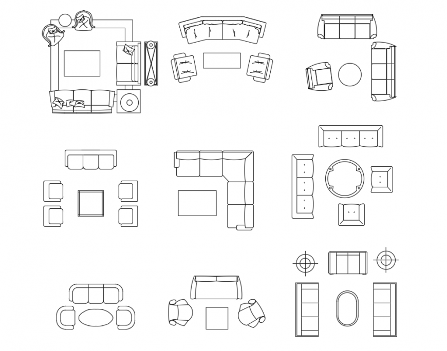 Dynamic living area furniture blocks cad drawing dwg file
