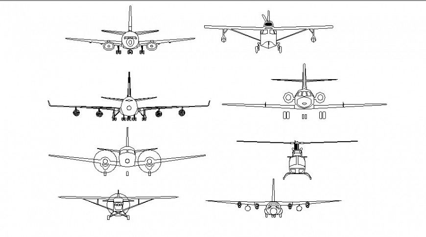 Dynamic multiple airplane and aircraft front view blocks dwg file
