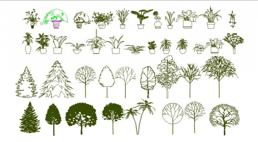 Dynamic trees and plants with pot blocks cad drawing details dwg file
