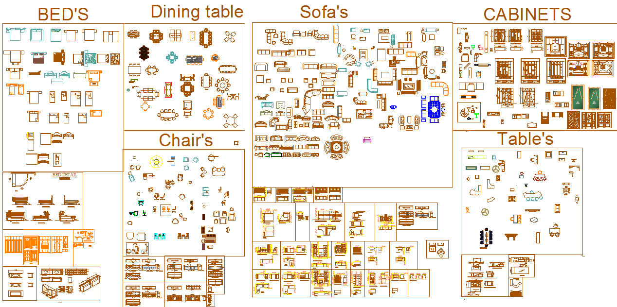 Detailed Furniture CAD Blocks 2D Plans Bed Sofa Table Chairs DWG file
