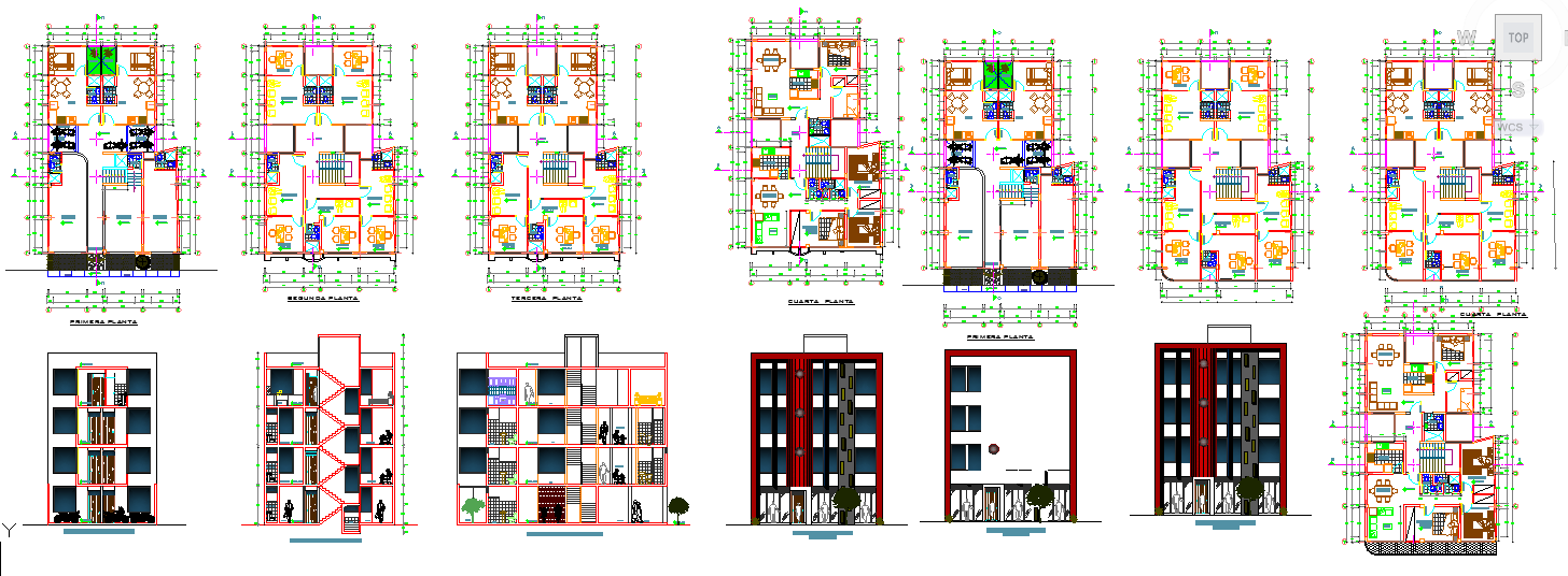 Family apartment building DWG with floor layout elevation and sections