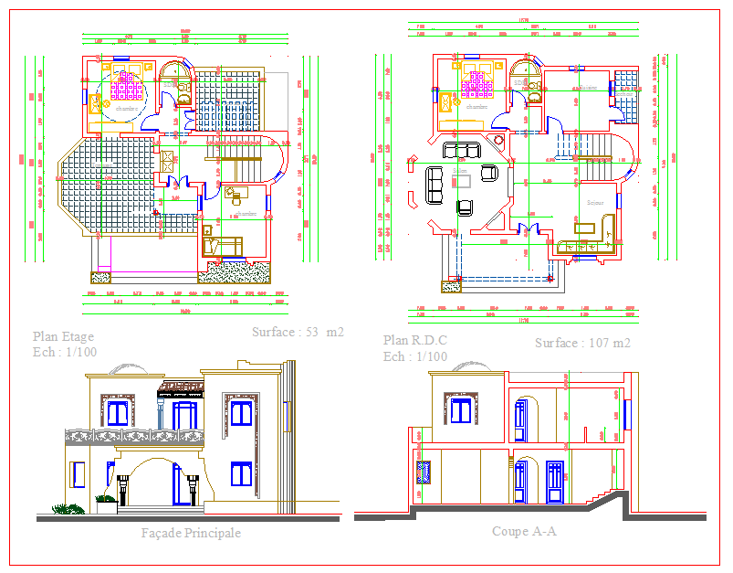 Bungalow CAD Drawing with 107m² Ground Floor and 53m² First Floor