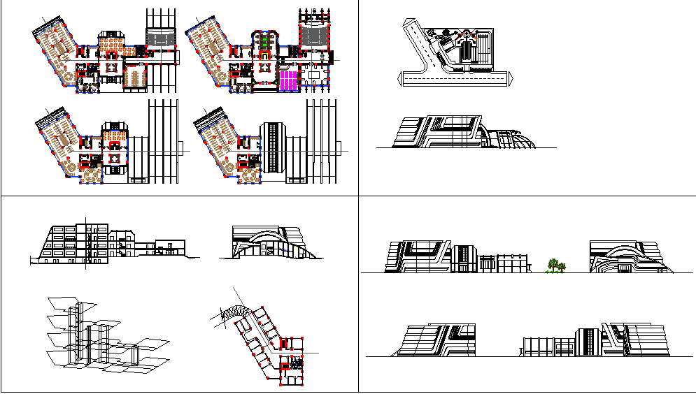Modern Library AutoCAD Design with Section, Floor Plan and Elevation