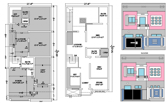 House Design 2D CAD Drawing with Plan and Front View Details