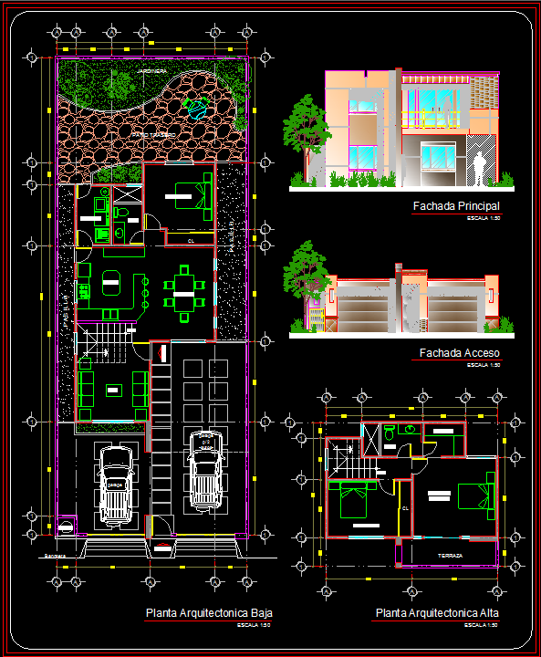 Two Story Residential House CAD DWG File with Floor and Elevation Plan